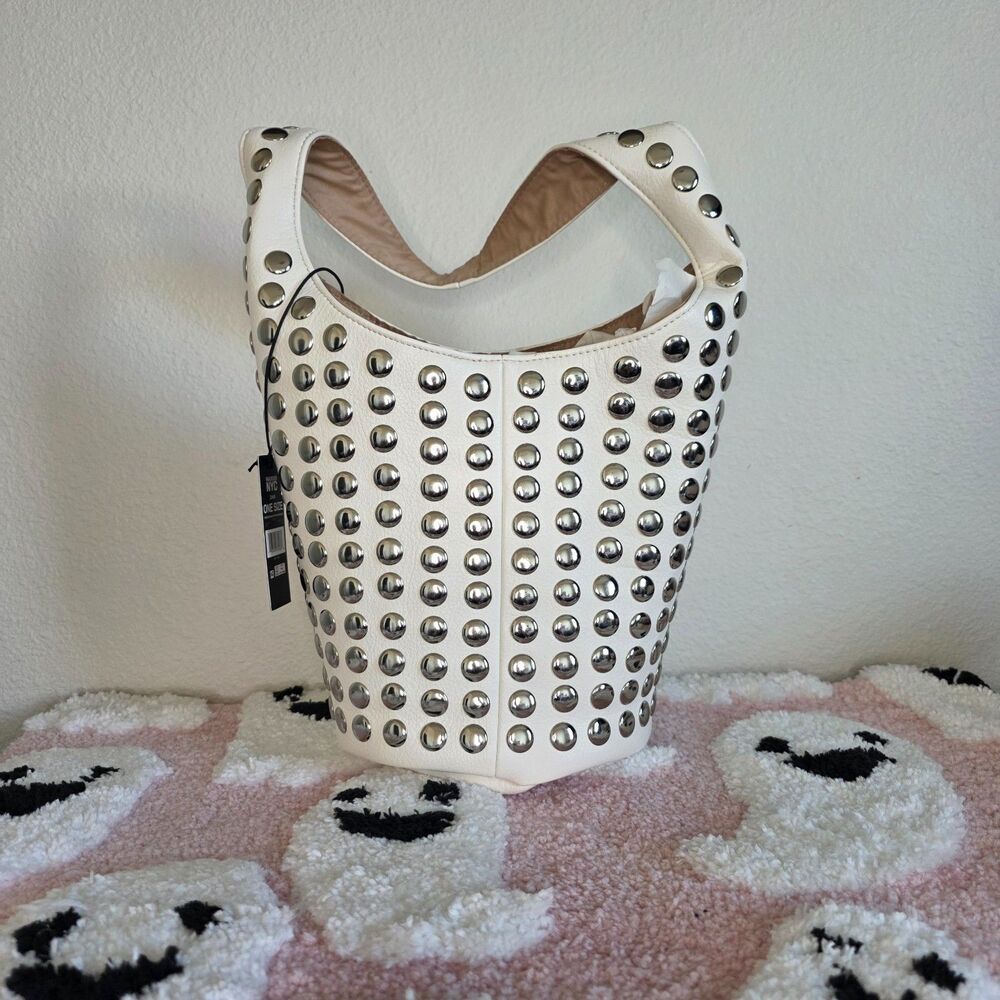 NWT Madden NYC White Studded Bucket Shoulder Bag Punk Rock Hobo Purse MNY-991